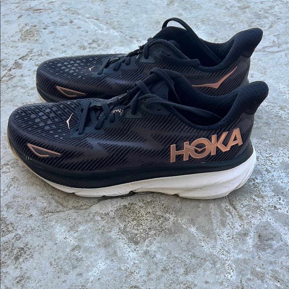 HOKA Black and Rose Gold Running Shoes